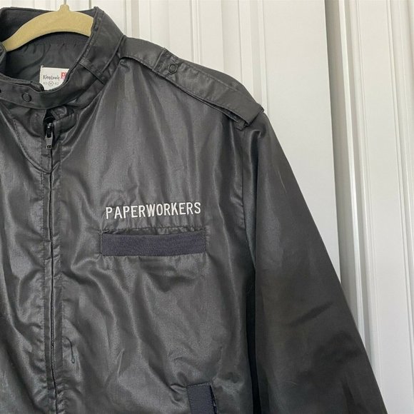 Vintage King Louie Bomber Jacket Paperworkers Spell Out Black Pro Fit M - Picture 2 of 8